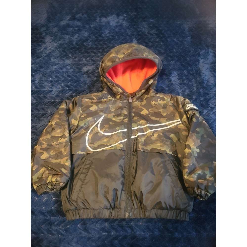 Nike Toddler Boys Camo Hooded Windbreaker Fleece Lined Jacket 18M Black Orange